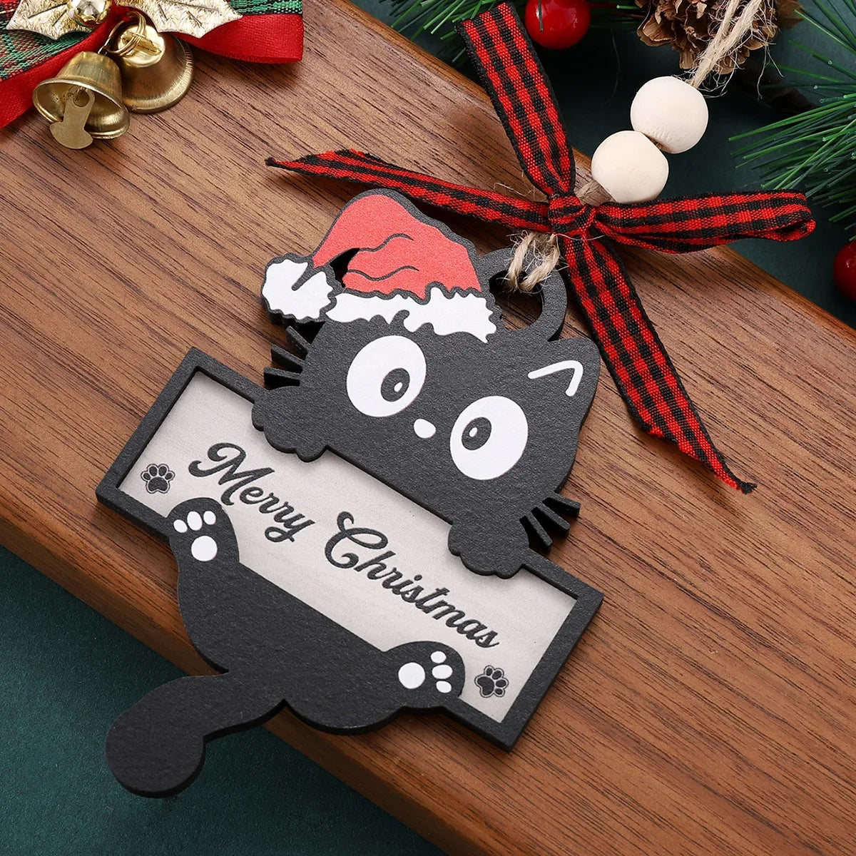 Black 2D Cat Wooden Christmas Decoration