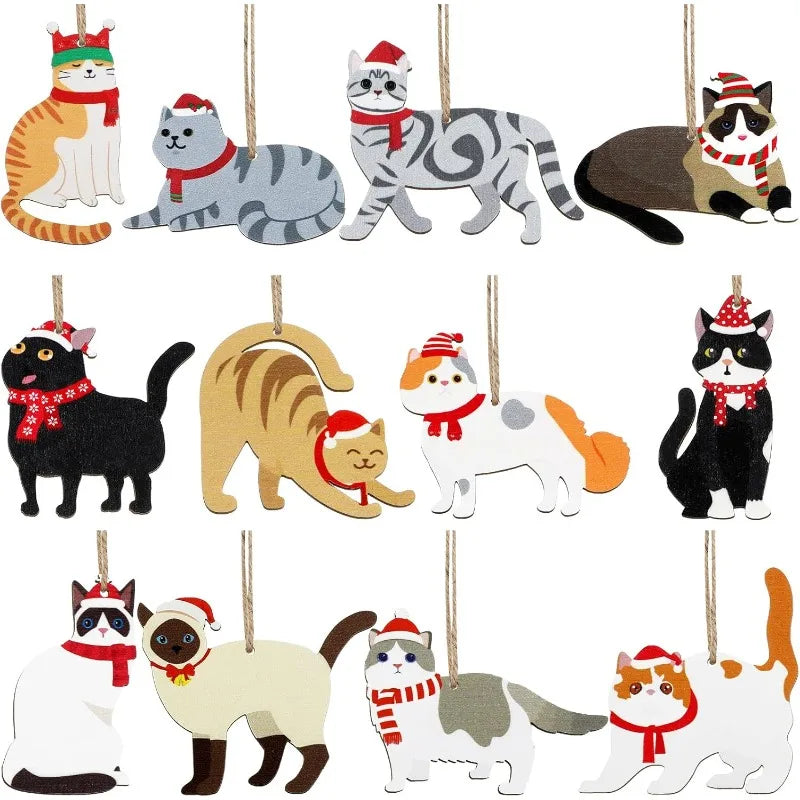 24 Pcs Wooden Cat Christmas Ornaments