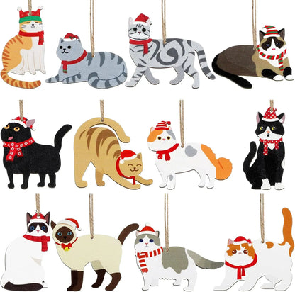 24 Pcs Wooden Cat Christmas Ornaments