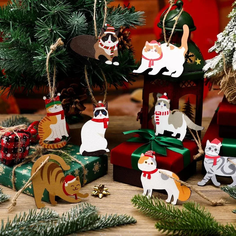 24 Pcs Wooden Cat Christmas Ornaments